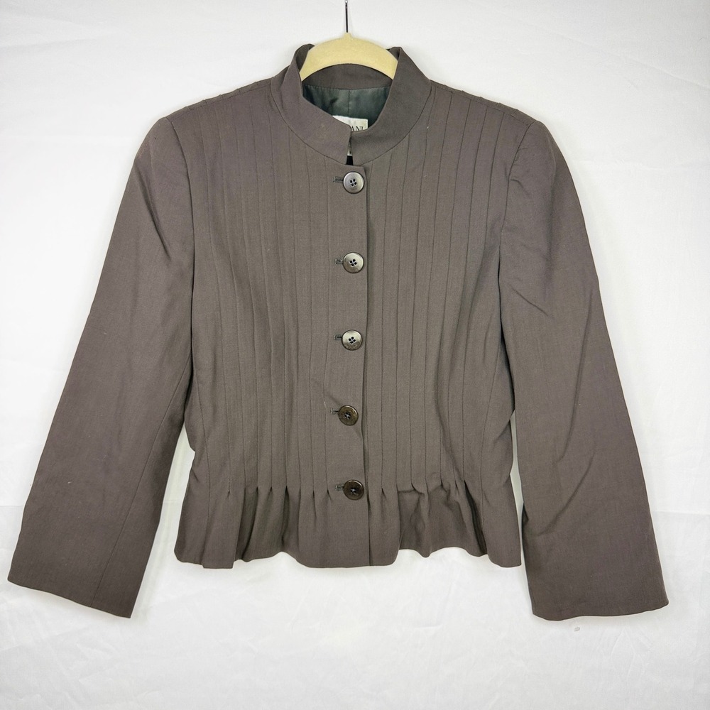 Armani Collezioni Virgin‎ Wool Jacket Womens Size 6 Brown Pleated Peplum Italy